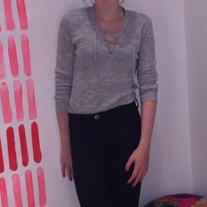 Gray Lace Up Sweater